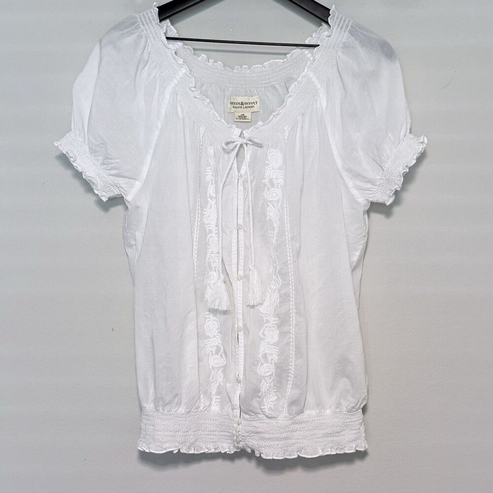 Ralph Lauren Denim & Supply Peasant Blouse Sz L 100% Cotton Embroidered Tassels